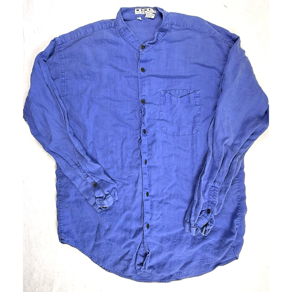 Kikit Maurice Sasson Linen Shirt medium blue nehru collar Coastal Vacation